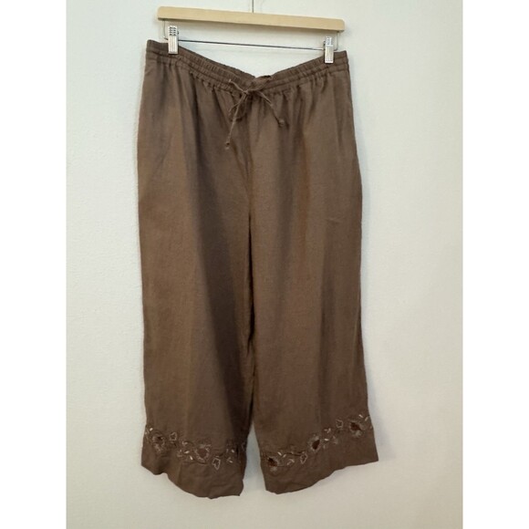 Coldwater Creek Brown Linen Pull On Pants Wide Leg Embroidered Lagenlook Size L - Picture 1 of 9